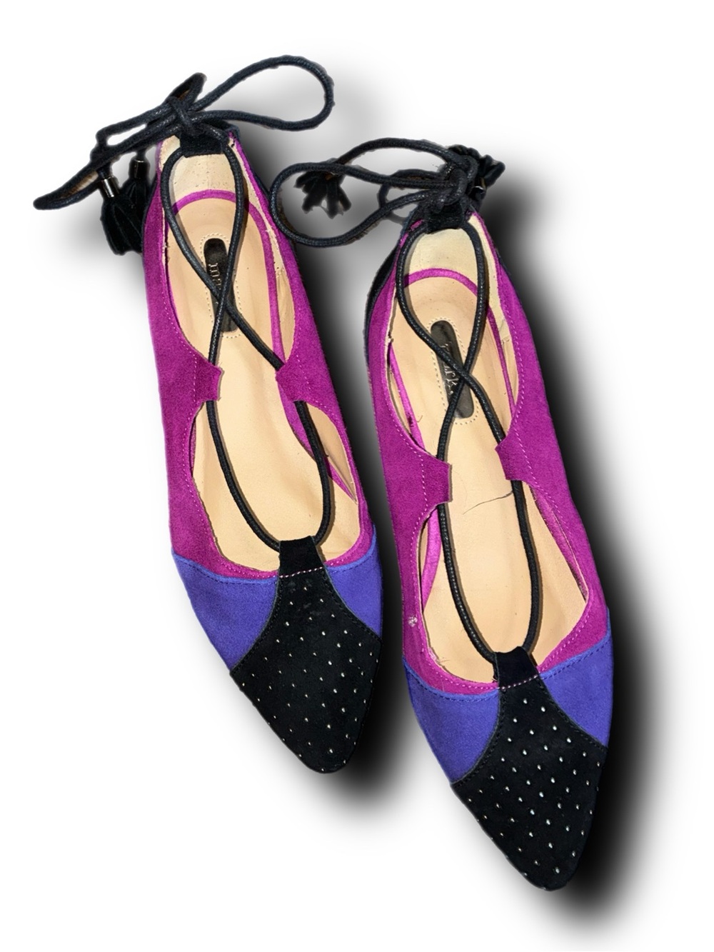 Mark. 3 Color Pointed Lace-up Flats Suede Size 9 Magenta Purple Black Maximalist